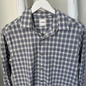 Rowm Men's White, Navy and Brown Plaid Snap Front Sport Shirt Size Medium